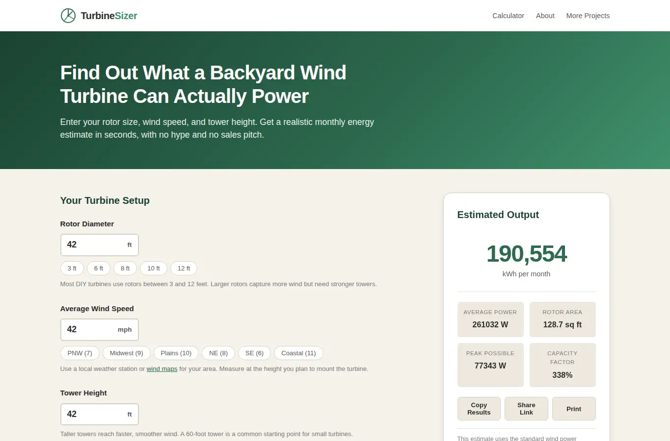 Screenshot of Backyard Wind Turbine Sizer interface showing the project page in use